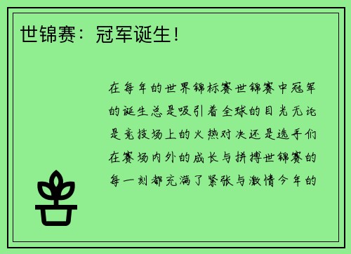世锦赛：冠军诞生！