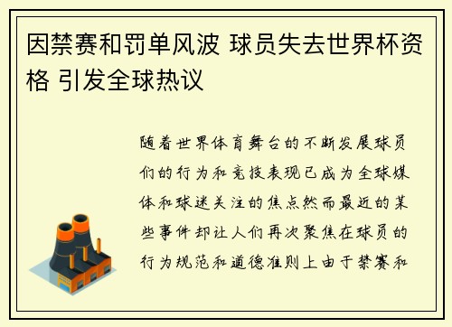 因禁赛和罚单风波 球员失去世界杯资格 引发全球热议