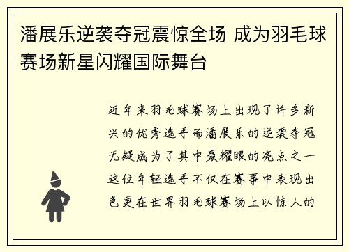 潘展乐逆袭夺冠震惊全场 成为羽毛球赛场新星闪耀国际舞台