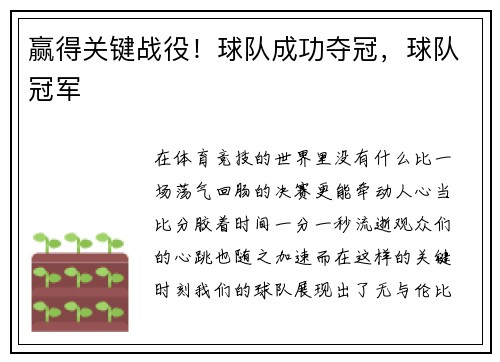 赢得关键战役！球队成功夺冠，球队冠军