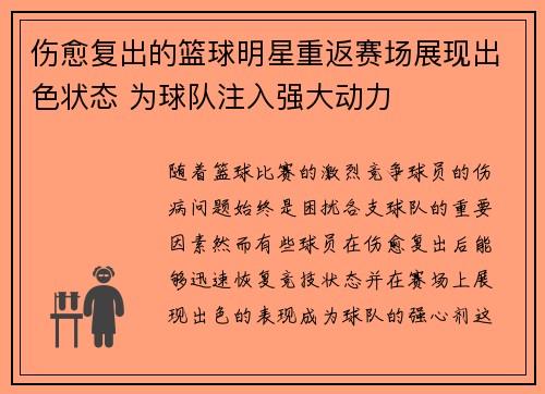 伤愈复出的篮球明星重返赛场展现出色状态 为球队注入强大动力